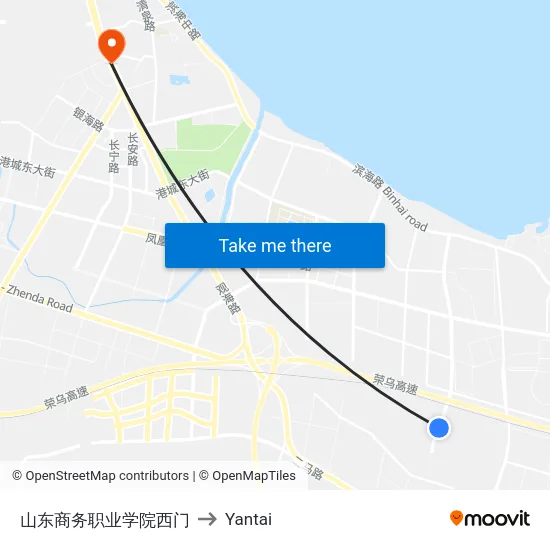 山东商务职业学院西门 to Yantai map