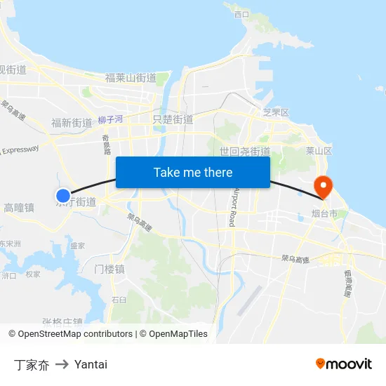 丁家夼 to Yantai map