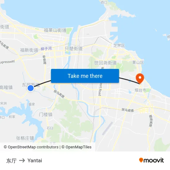 East Hall to Yantai map