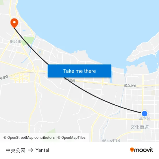 Central Park to Yantai map