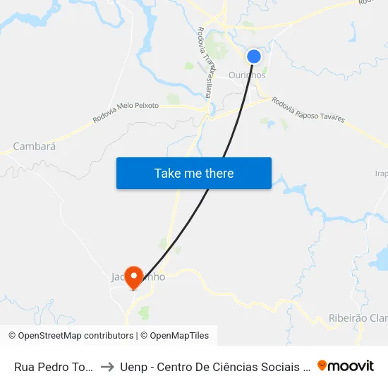Rua Pedro Toloto, 129 to Uenp - Centro De Ciências Sociais Aplicadas – Ccsa map