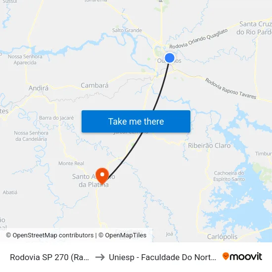 Rodovia SP 270 (Raposo Tavares) to Uniesp - Faculdade Do Norte Pioneiro Fanorpi map