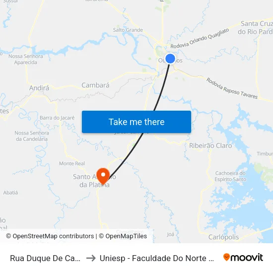 Rua Duque De Caxias, 1224 to Uniesp - Faculdade Do Norte Pioneiro Fanorpi map