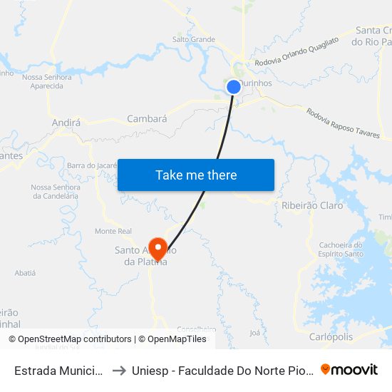 Estrada Municipal, 351 to Uniesp - Faculdade Do Norte Pioneiro Fanorpi map
