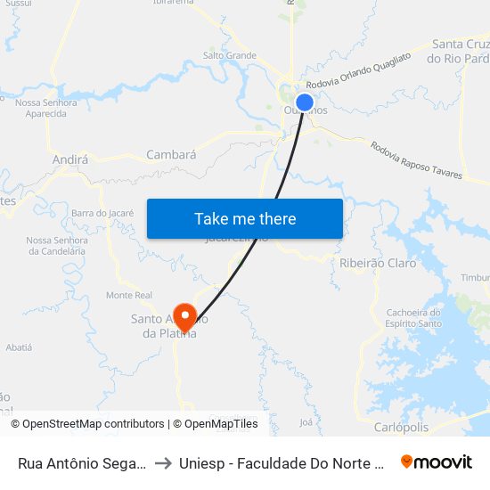 Rua Antônio Segala, 86-168 to Uniesp - Faculdade Do Norte Pioneiro Fanorpi map