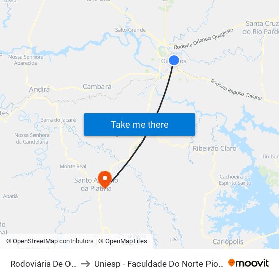 Rodoviária De Ourinhos to Uniesp - Faculdade Do Norte Pioneiro Fanorpi map