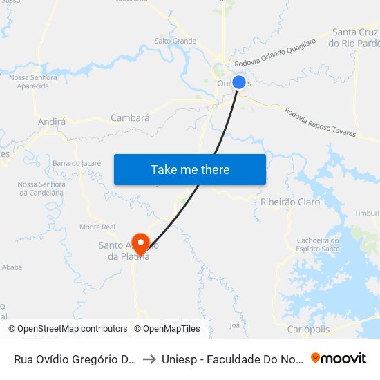 Rua Ovídio Gregório De Jesus, 412-446 to Uniesp - Faculdade Do Norte Pioneiro Fanorpi map