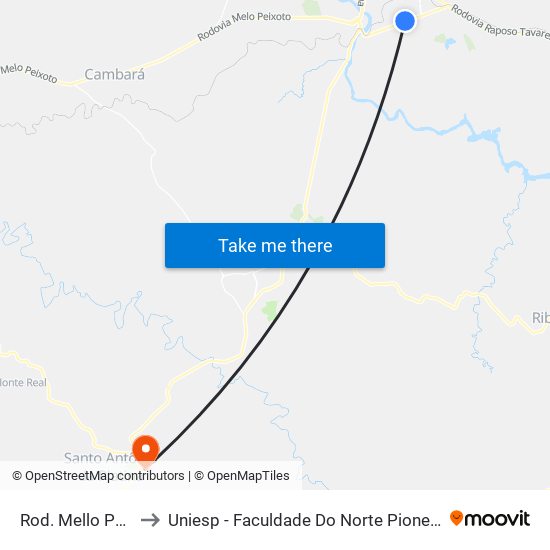 Rod. Mello Peixoto to Uniesp - Faculdade Do Norte Pioneiro Fanorpi map
