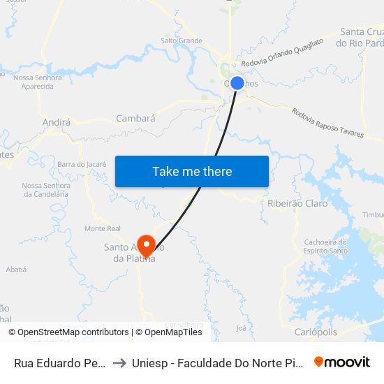 Rua Eduardo Peres, 343 to Uniesp - Faculdade Do Norte Pioneiro Fanorpi map