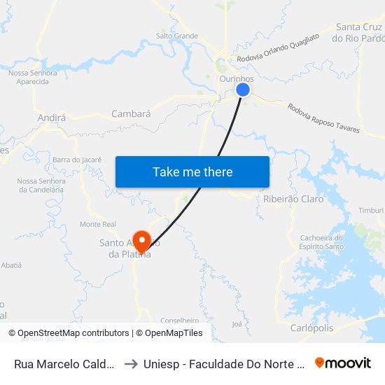 Rua Marcelo Caldara, 60-104 to Uniesp - Faculdade Do Norte Pioneiro Fanorpi map