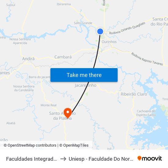 Faculdades Integradas De Ourinhos to Uniesp - Faculdade Do Norte Pioneiro Fanorpi map
