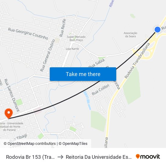 Rodovia Br 153 (Transbrasiliana) - Passarela to Reitoria Da Universidade Estadual Do Norte Do Paraná - Uenp map