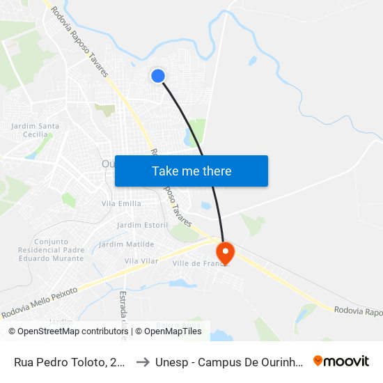 Rua Pedro Toloto, 257 to Unesp - Campus De Ourinhos map