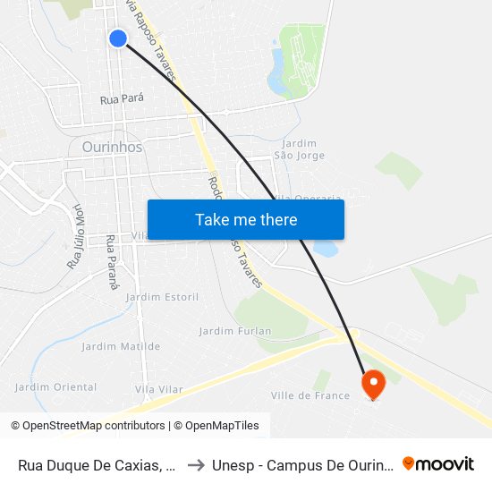 Rua Duque De Caxias, 870 to Unesp - Campus De Ourinhos map