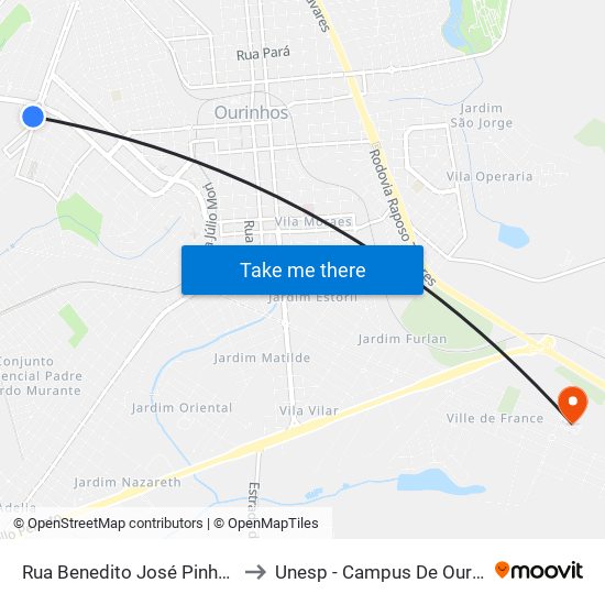 Rua Benedito José Pinheiro, 2 to Unesp - Campus De Ourinhos map