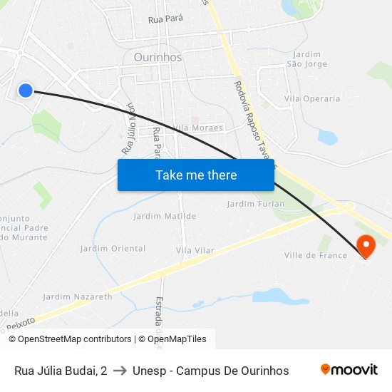 Rua Júlia Budai, 2 to Unesp - Campus De Ourinhos map