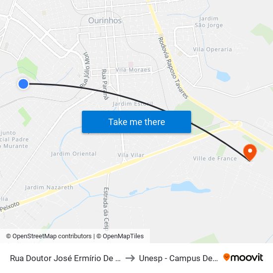 Rua Doutor José Ermírio De Moraes, 926 to Unesp - Campus De Ourinhos map