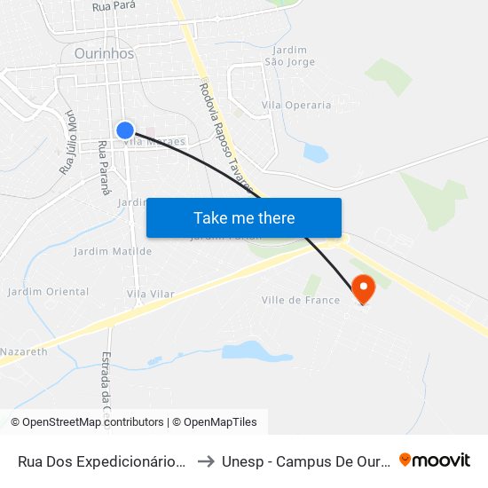 Rua Dos Expedicionários, 889 to Unesp - Campus De Ourinhos map