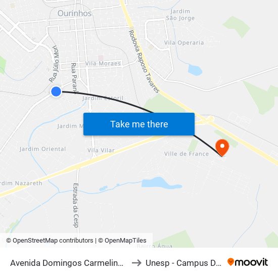 Avenida Domingos Carmelingo Caló, 1-1299 to Unesp - Campus De Ourinhos map