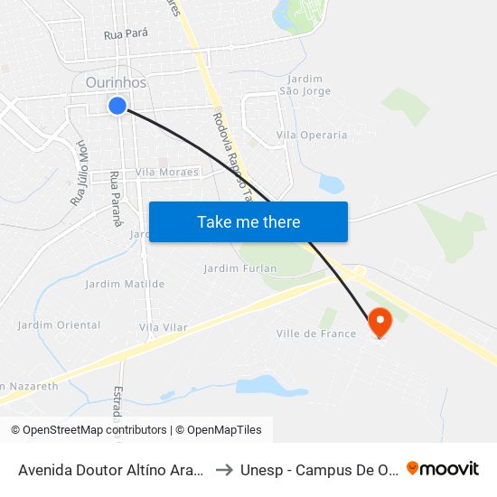Avenida Doutor Altíno Arantes, 120 to Unesp - Campus De Ourinhos map
