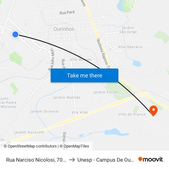 Rua Narciso Nicolosi, 703-793 to Unesp - Campus De Ourinhos map