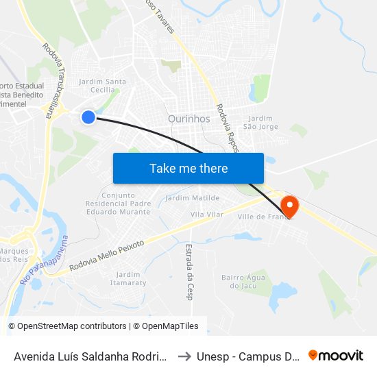 Avenida Luís Saldanha Rodrigues, 807-1067 to Unesp - Campus De Ourinhos map