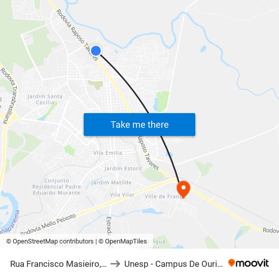 Rua Francisco Masieiro, 414 to Unesp - Campus De Ourinhos map