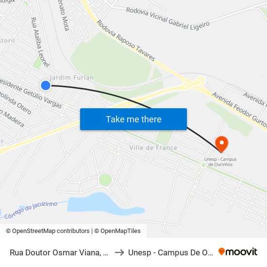 Rua Doutor Osmar Viana, 274-470 to Unesp - Campus De Ourinhos map