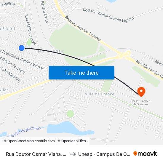 Rua Doutor Osmar Viana, 250-272 to Unesp - Campus De Ourinhos map