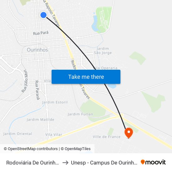 Rodoviária De Ourinhos to Unesp - Campus De Ourinhos map