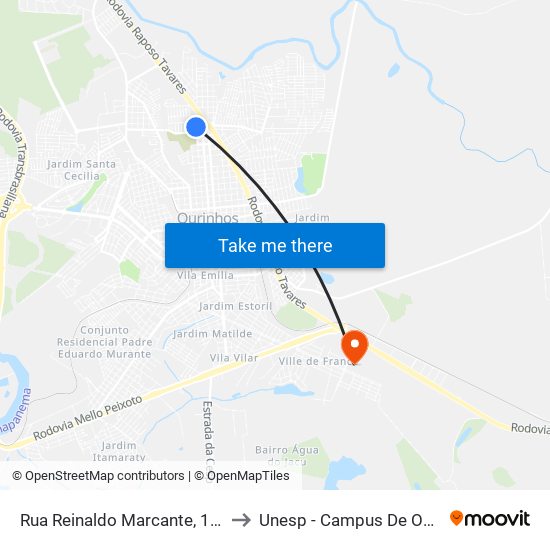 Rua Reinaldo Marcante, 100-106 to Unesp - Campus De Ourinhos map