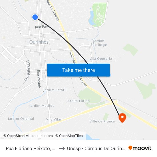 Rua Floriano Peixoto, 677 to Unesp - Campus De Ourinhos map