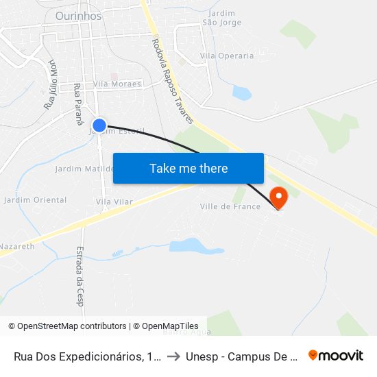 Rua Dos Expedicionários, 1571-1583 to Unesp - Campus De Ourinhos map