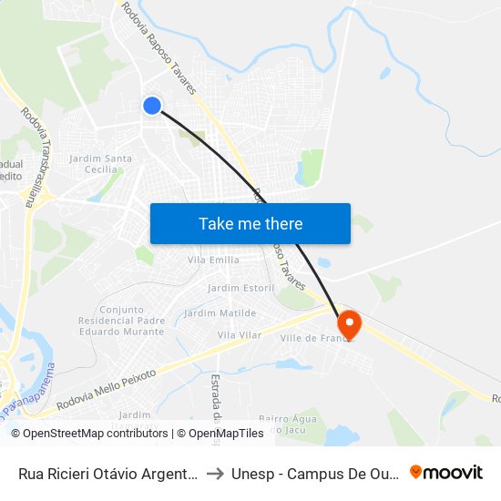 Rua Ricieri Otávio Argenta, 942 to Unesp - Campus De Ourinhos map