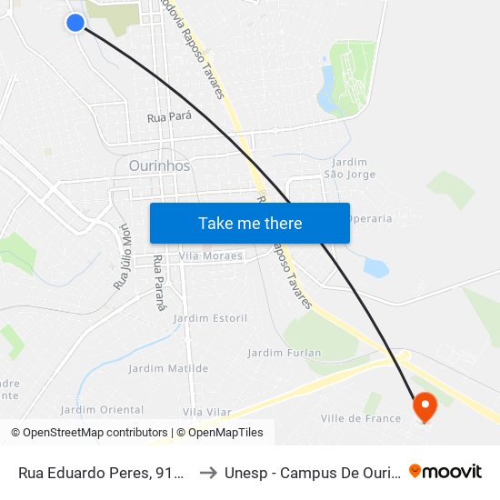 Rua Eduardo Peres, 914-976 to Unesp - Campus De Ourinhos map