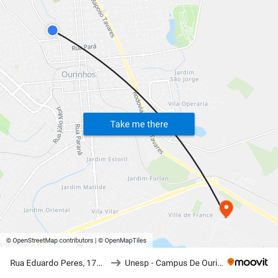 Rua Eduardo Peres, 178-226 to Unesp - Campus De Ourinhos map