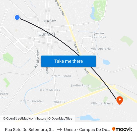 Rua Sete De Setembro, 390-420 to Unesp - Campus De Ourinhos map