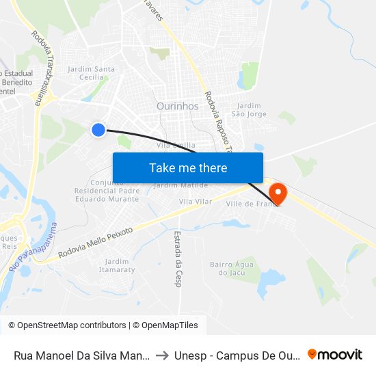 Rua Manoel Da Silva Mano, 265 to Unesp - Campus De Ourinhos map