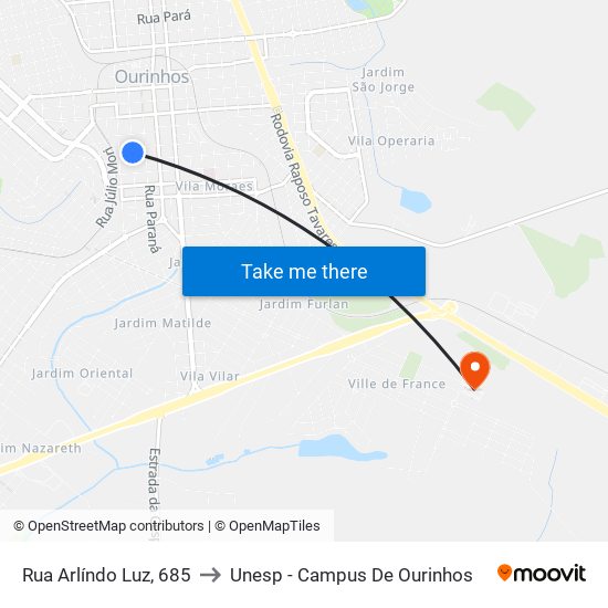 Rua Arlíndo Luz, 685 to Unesp - Campus De Ourinhos map