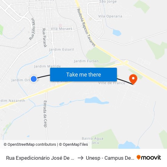 Rua Expedicionário José De Bastiaini, 101 to Unesp - Campus De Ourinhos map