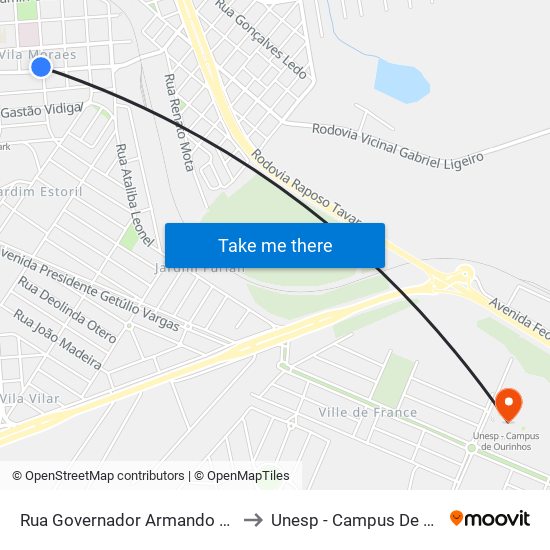 Rua Governador Armando Sáles, 384 to Unesp - Campus De Ourinhos map