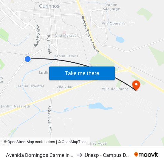 Avenida Domingos Carmelingo Caló, 1675 to Unesp - Campus De Ourinhos map