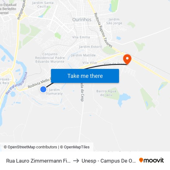 Rua Lauro Zimmermann Filho, 210 to Unesp - Campus De Ourinhos map