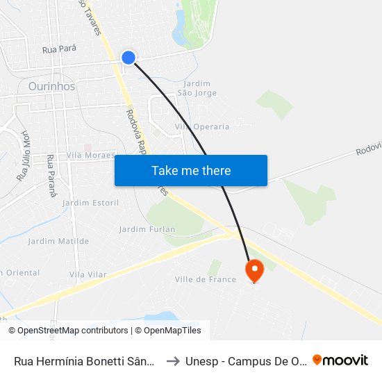 Rua Hermínia Bonetti Sândano, 180 to Unesp - Campus De Ourinhos map