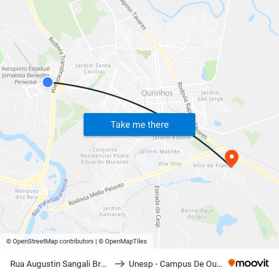 Rua Augustin Sangali Breve, 56 to Unesp - Campus De Ourinhos map