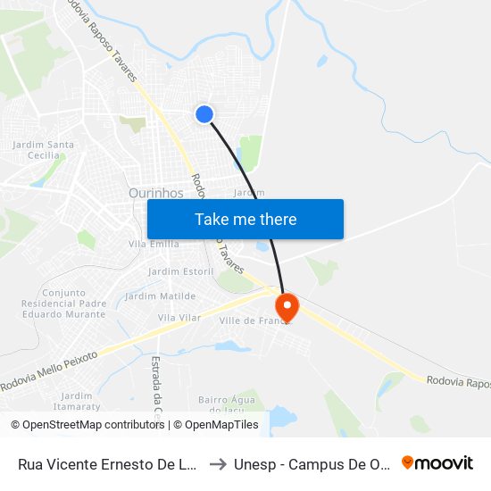 Rua Vicente Ernesto De Lucca, 64 to Unesp - Campus De Ourinhos map
