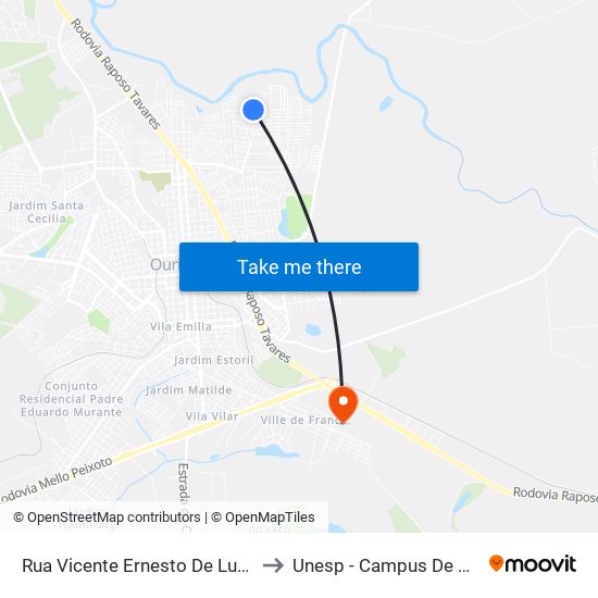 Rua Vicente Ernesto De Lucca, 1009 to Unesp - Campus De Ourinhos map