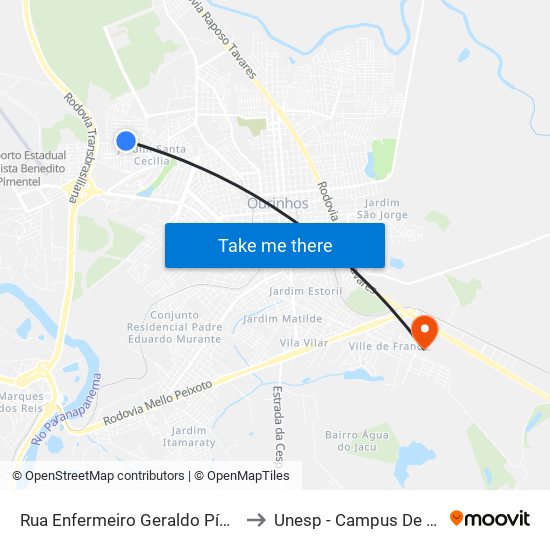 Rua Enfermeiro Geraldo Pímentel, 486 to Unesp - Campus De Ourinhos map