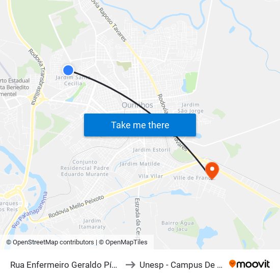 Rua Enfermeiro Geraldo Pímentel, 150 to Unesp - Campus De Ourinhos map