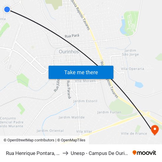 Rua Henrique Pontara, 335 to Unesp - Campus De Ourinhos map